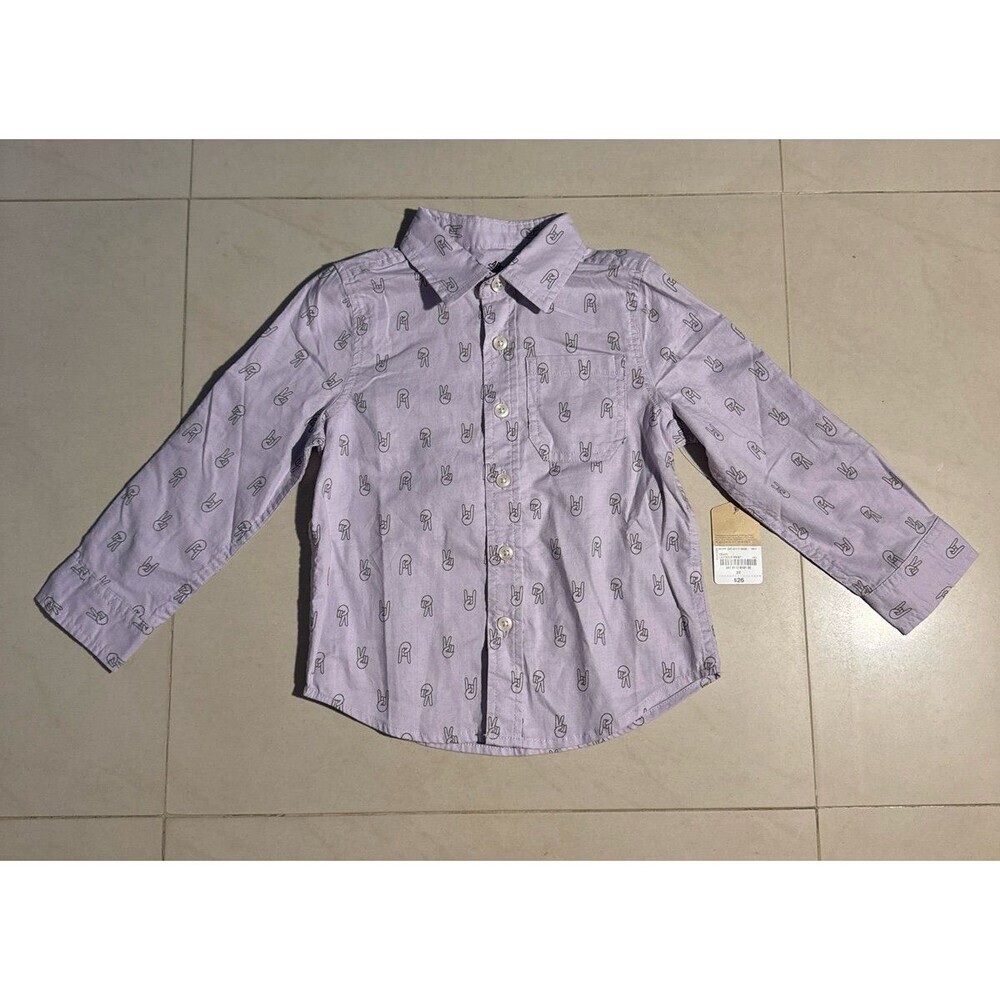 There Abouts Button Up Shirt Peace Sign Languge Print Purple